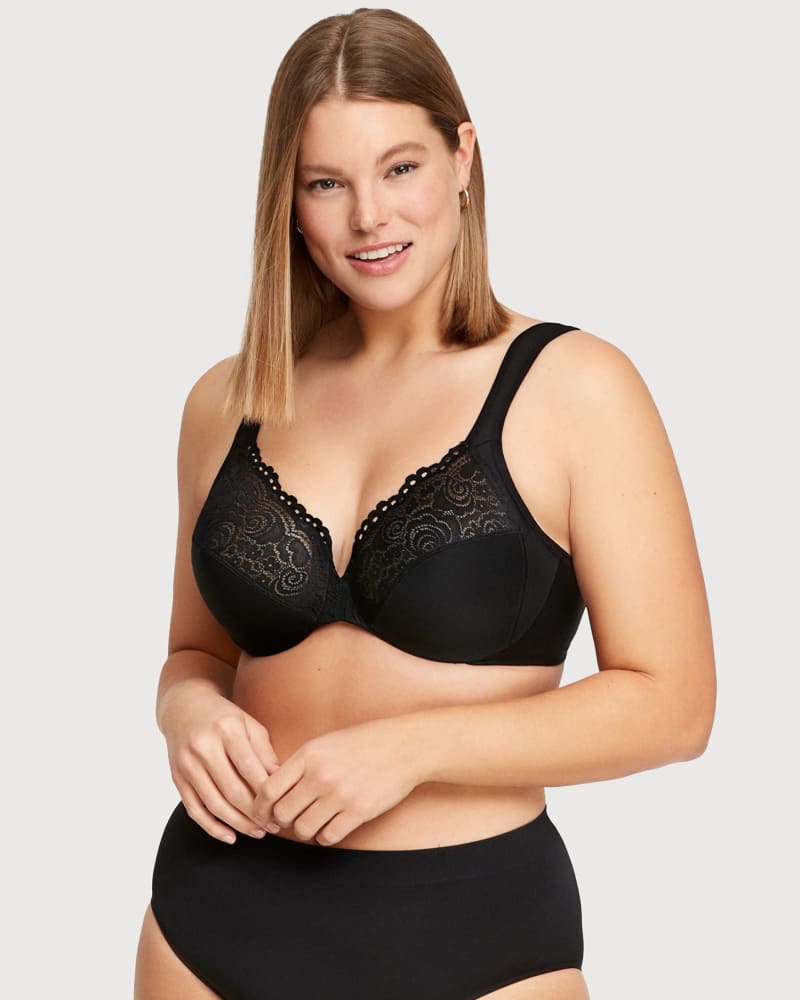 Front of a model wearing a size 36F Low Cut WonderWire Lace Bra in Black by Glamorise. | dia_product_style_image_id:260709
